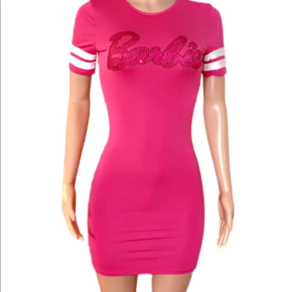 StretchyPink Barbie Rhinestone bling  mini dress